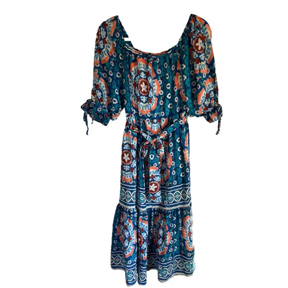 fig and flower Dresses & Skirts - Fig and Flower Midi Dress Blue Floral Tiered Lined Stretch Sz S Cottagecore